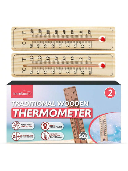 SOL 2pk Traditional Wooden Thermometer – Indoor & Outdoor Wall Temperature Gauge For Home, Garden, Greenhouse, Nursery, Office Or Patio – Accurate Wooden Thermometers For Room & Outdoor Monitoring