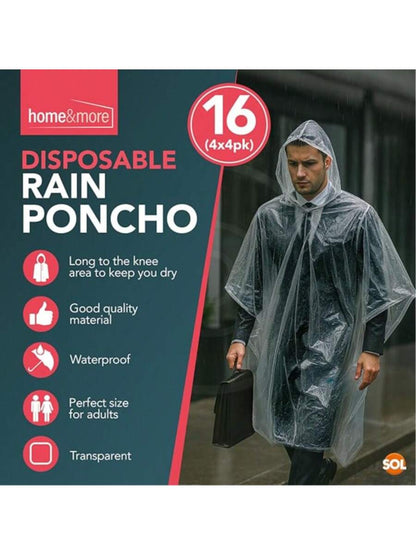 SOL 16pk Rain Poncho, Clear Waterproof Coats, Raincoats, And Capes For Adults, Women, And Men, Disposable Plastic Rain Cover, Compact And Portable, Ideal For Travel, Festivals, And Outdoor Events