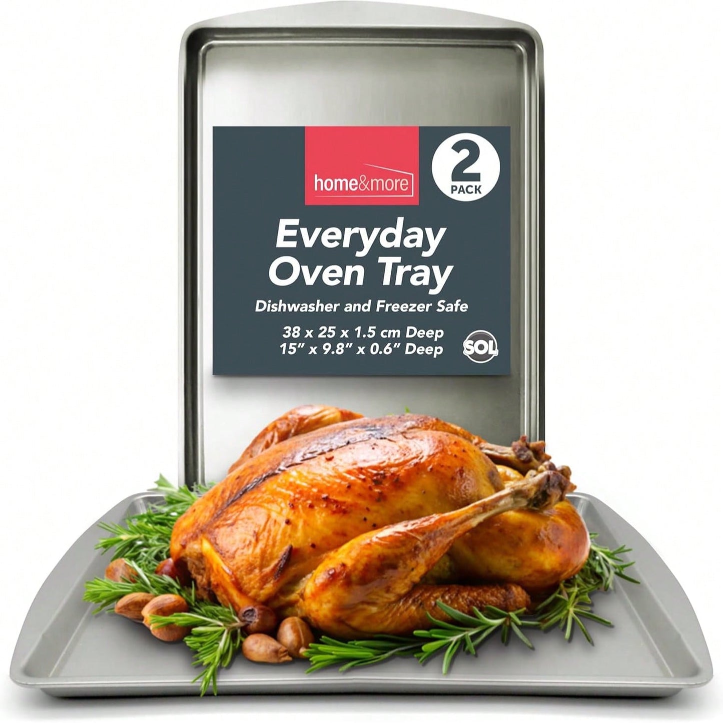 SOL 2pk Everyday Oven Tray – 38x25cm Non-Stick Stainless Steel Roasting And Baking Trays – Heavy-Duty Cookware For Everyday Meals – Dishwasher – Oven And Freezer Friendly