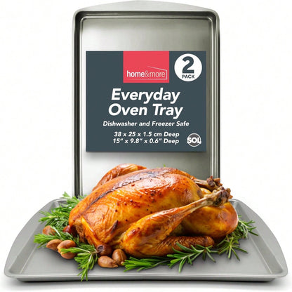 SOL 2pk Everyday Oven Tray – 38x25cm Non-Stick Stainless Steel Roasting And Baking Trays – Heavy-Duty Cookware For Everyday Meals – Dishwasher – Oven And Freezer Friendly