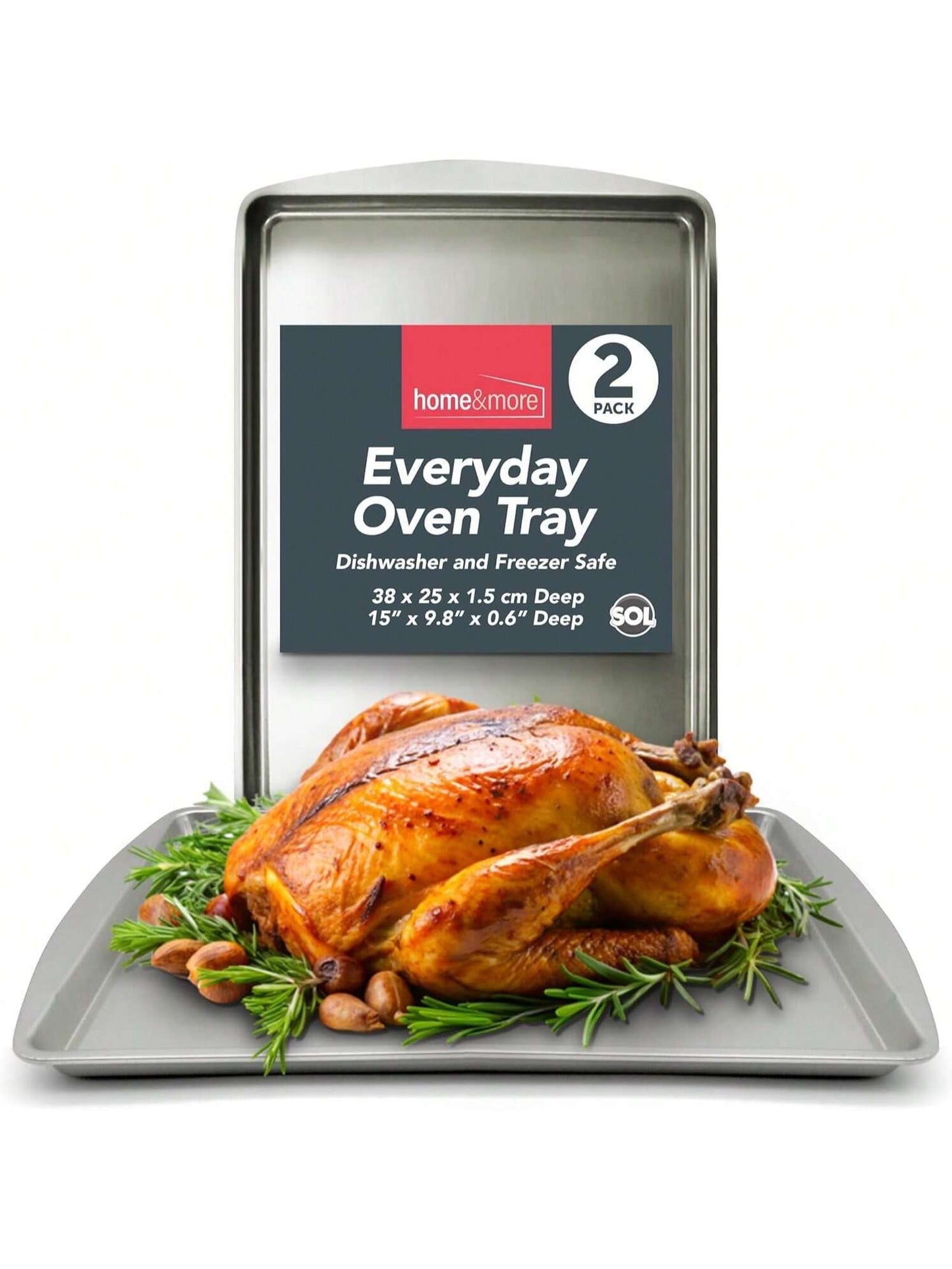 SOL 2pk Everyday Oven Tray – 38x25cm Non-Stick Stainless Steel Roasting And Baking Trays – Heavy-Duty Cookware For Everyday Meals – Dishwasher – Oven And Freezer Friendly