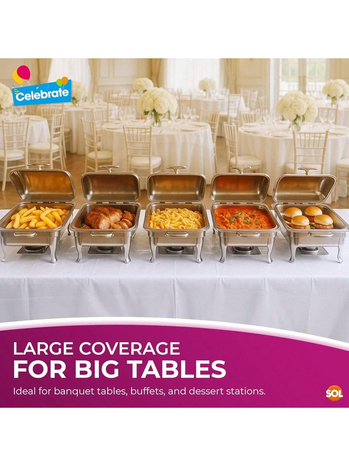 SOL 2pk Long White Table Cloth Party 274x137cm Plastic Cover Disposable Tablecloths For Parties - Heavy Duty Spill Protection - Opaque Design For Weddings, Buffets, Catering, Outdoor & Theme Events