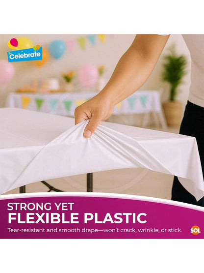 SOL 2pk Long White Table Cloth Party 274x137cm Plastic Cover Disposable Tablecloths For Parties - Heavy Duty Spill Protection - Opaque Design For Weddings, Buffets, Catering, Outdoor & Theme Events