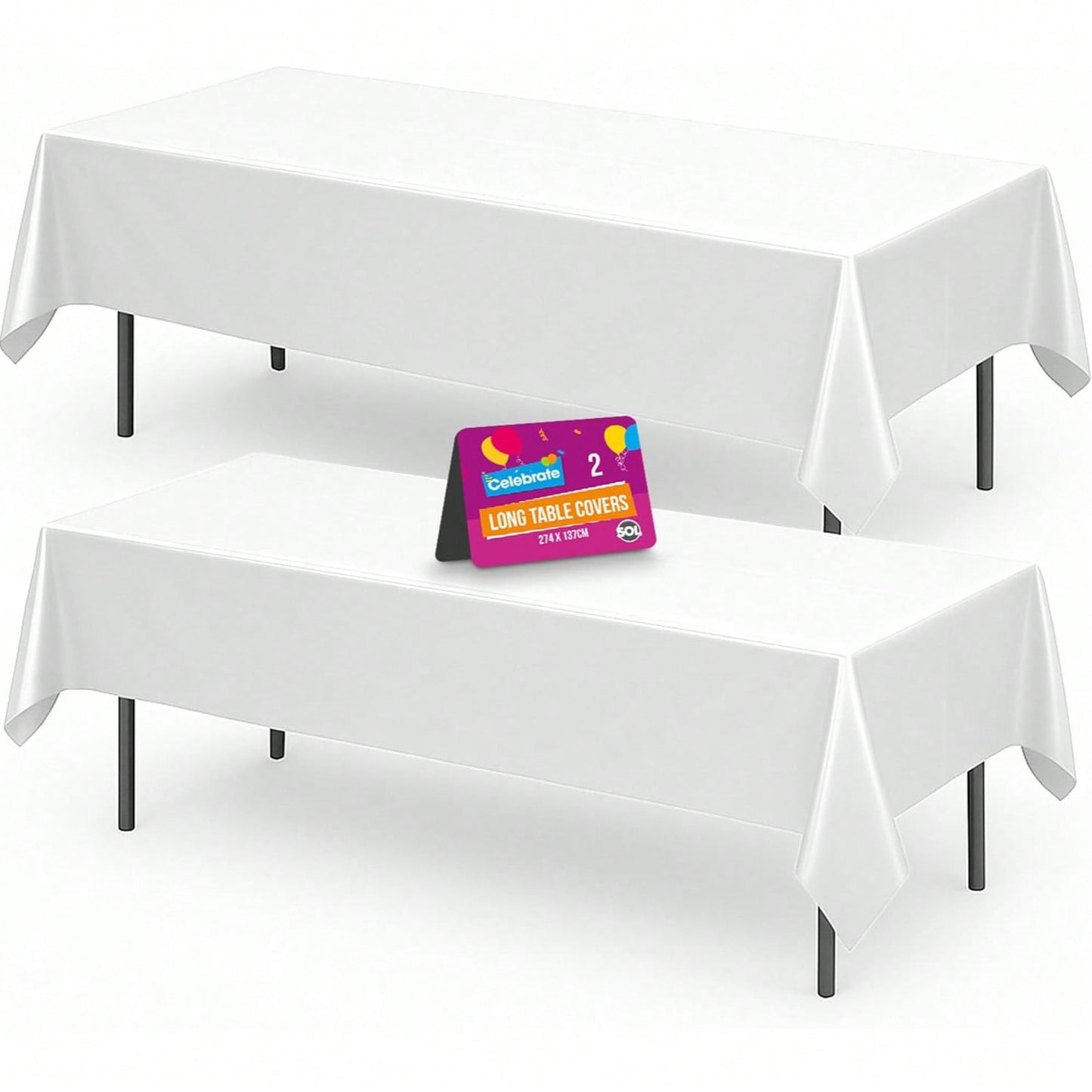 SOL 2pk Long White Table Cloth Party 274x137cm Plastic Cover Disposable Tablecloths For Parties - Heavy Duty Spill Protection - Opaque Design For Weddings, Buffets, Catering, Outdoor & Theme Events