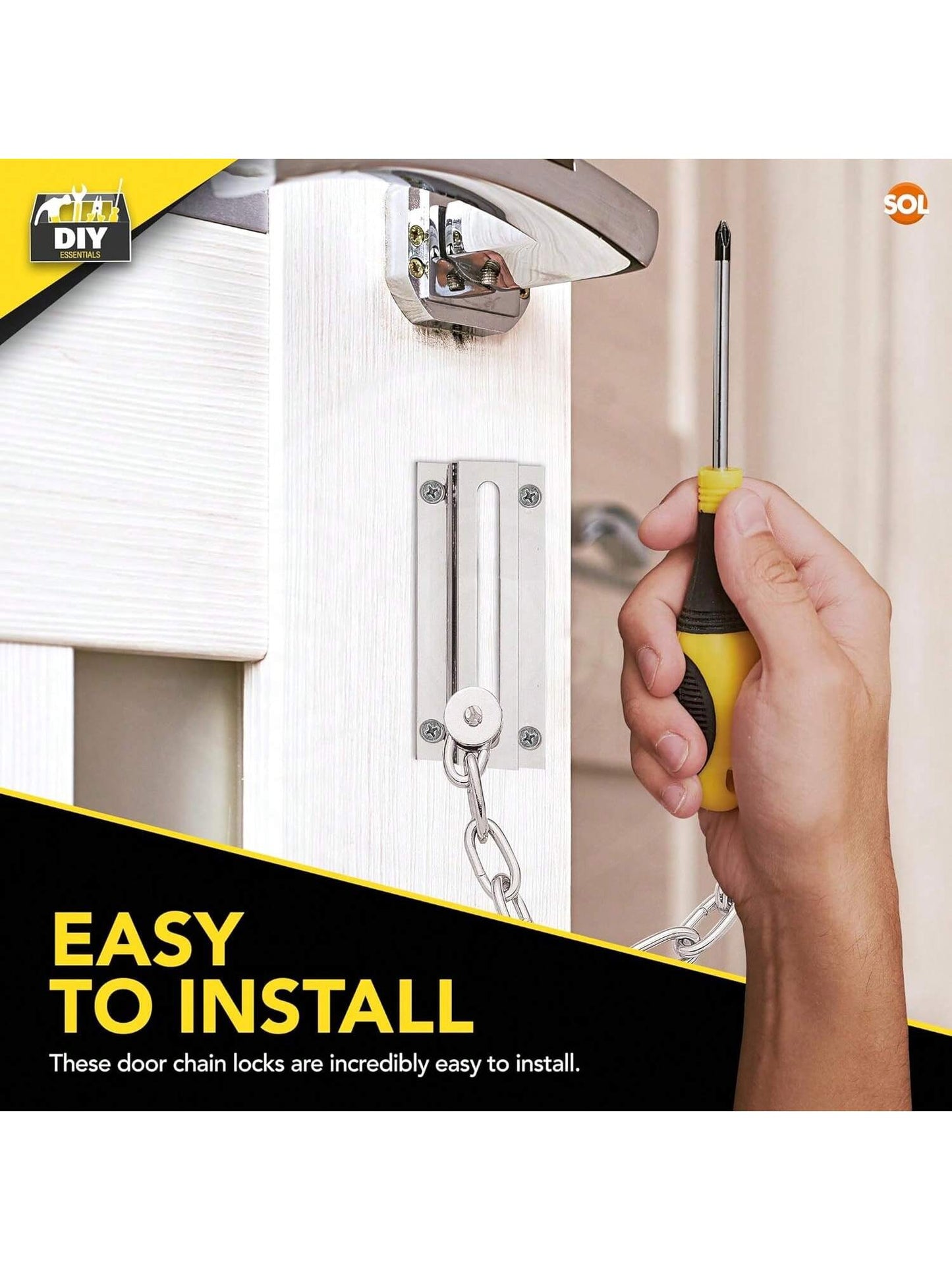 SOL 4pk Chrome Door Chain Kit – Restrictor For Front Door – Heavy-Duty Door Safety Chain Lock For Home Security, Added Protection, Peace Of Mind, Durable Metal Construction, And Easy Installation