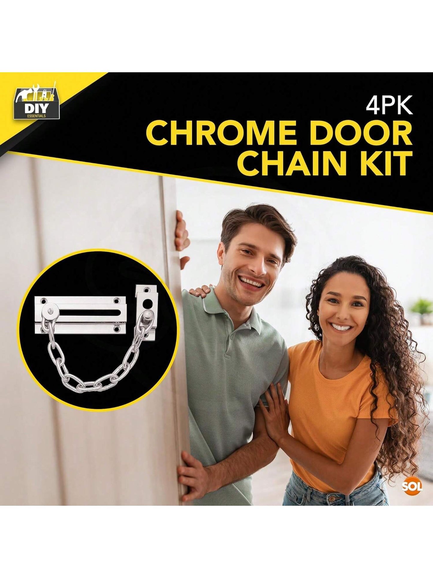 SOL 4pk Chrome Door Chain Kit – Restrictor For Front Door – Heavy-Duty Door Safety Chain Lock For Home Security, Added Protection, Peace Of Mind, Durable Metal Construction, And Easy Installation