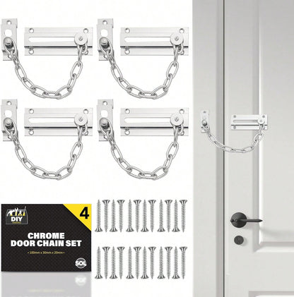 SOL 4pk Chrome Door Chain Kit – Restrictor For Front Door – Heavy-Duty Door Safety Chain Lock For Home Security, Added Protection, Peace Of Mind, Durable Metal Construction, And Easy Installation