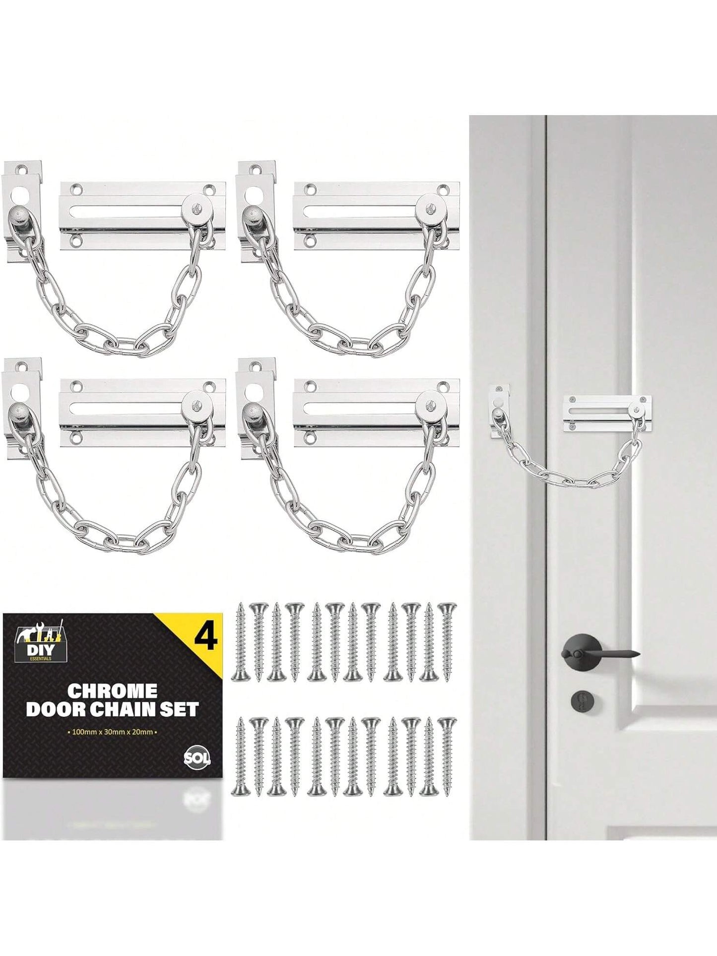 SOL 4pk Chrome Door Chain Kit – Restrictor For Front Door – Heavy-Duty Door Safety Chain Lock For Home Security, Added Protection, Peace Of Mind, Durable Metal Construction, And Easy Installation