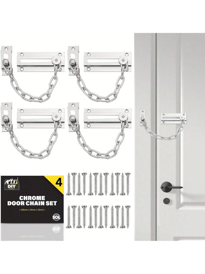 SOL 4pk Chrome Door Chain Kit – Restrictor For Front Door – Heavy-Duty Door Safety Chain Lock For Home Security, Added Protection, Peace Of Mind, Durable Metal Construction, And Easy Installation