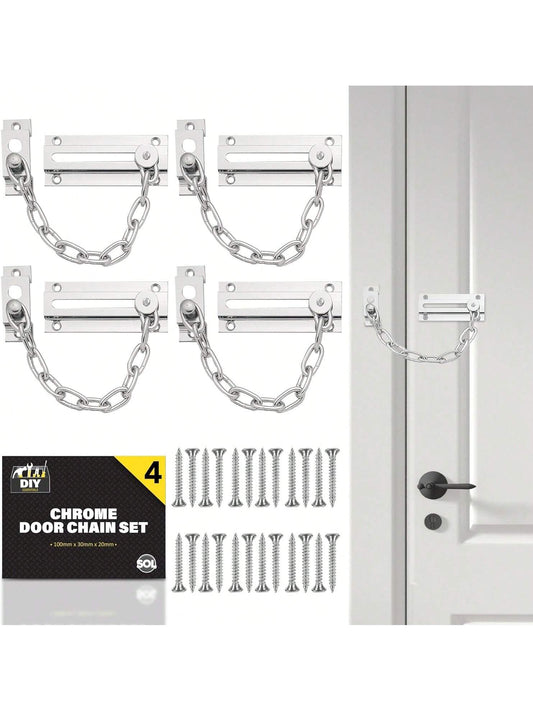 SOL 4pk Chrome Door Chain Kit – Restrictor For Front Door – Heavy-Duty Door Safety Chain Lock For Home Security, Added Protection, Peace Of Mind, Durable Metal Construction, And Easy Installation