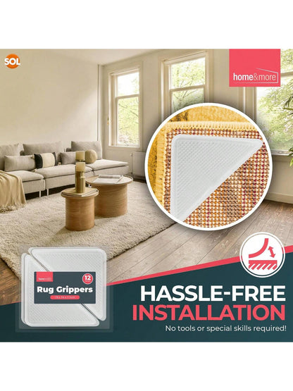 SOL 12pk Rug Grippers For Wooden, Laminate, Vinyl & Hard Floors – Anti Slip Underlay Pads – Strong Carpet Holders For Mats & Rugs – Non Slip Alternative To Tape For Secure Grip & Floor Protection