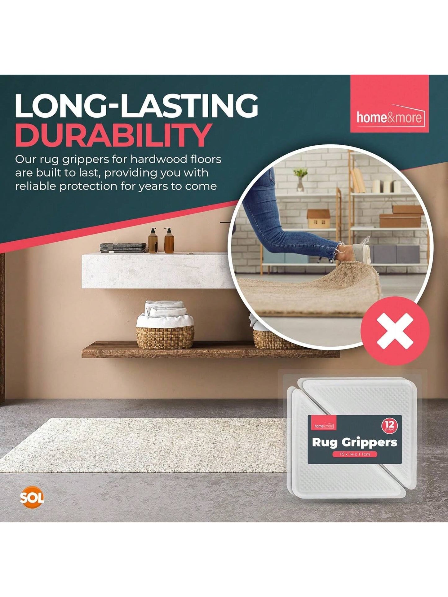 SOL 12pk Rug Grippers For Wooden, Laminate, Vinyl & Hard Floors – Anti Slip Underlay Pads – Strong Carpet Holders For Mats & Rugs – Non Slip Alternative To Tape For Secure Grip & Floor Protection