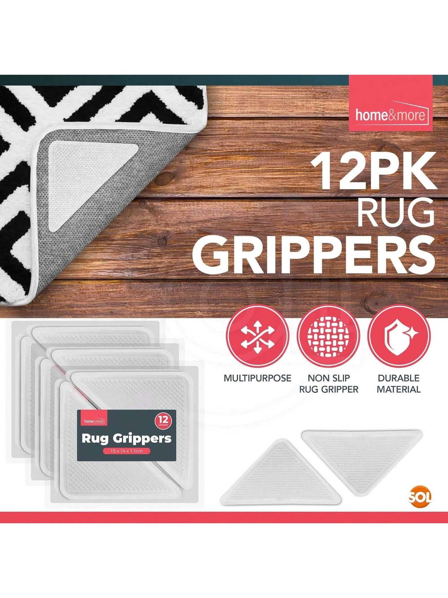 SOL 12pk Rug Grippers For Wooden, Laminate, Vinyl & Hard Floors – Anti Slip Underlay Pads – Strong Carpet Holders For Mats & Rugs – Non Slip Alternative To Tape For Secure Grip & Floor Protection