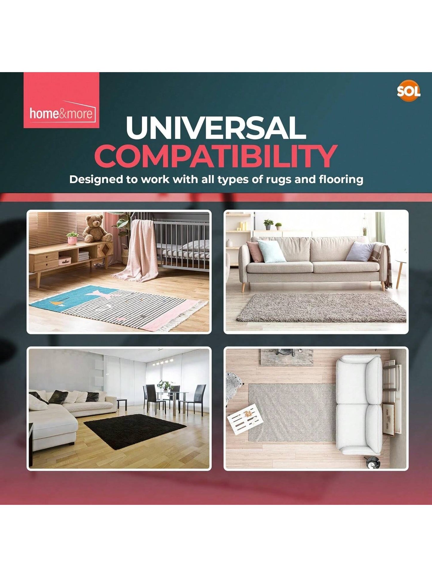 SOL 12pk Rug Grippers For Wooden, Laminate, Vinyl & Hard Floors – Anti Slip Underlay Pads – Strong Carpet Holders For Mats & Rugs – Non Slip Alternative To Tape For Secure Grip & Floor Protection