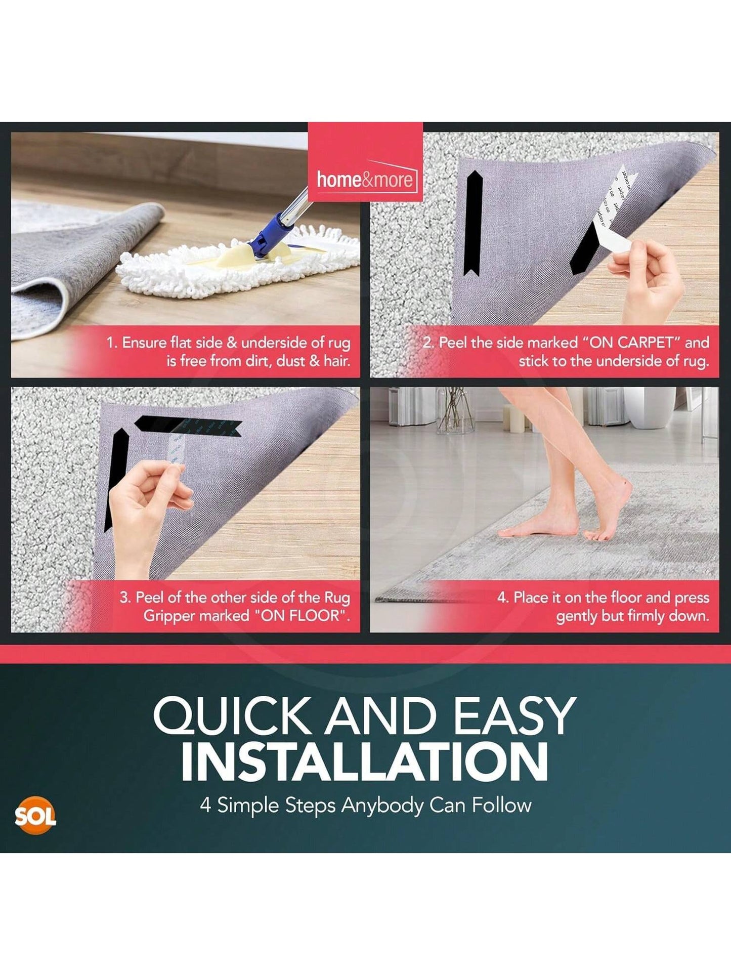 SOL 12pk Rug Grippers For Wooden, Laminate, Vinyl & Hard Floors – Anti Slip Underlay Pads – Strong Carpet Holders For Mats & Rugs – Non Slip Alternative To Tape For Secure Grip & Floor Protection