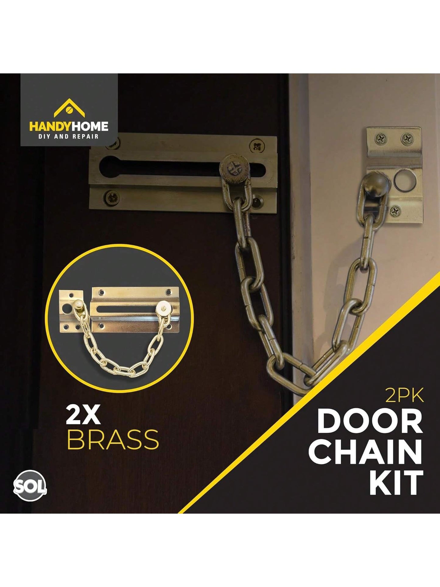 SOL 2pk Brass Door Chain Kit – Restrictor For Front Door – Heavy-Duty Door Safety Chain Lock For Home Security, Added Protection, Peace Of Mind, Durable Metal Construction, And Easy Installation