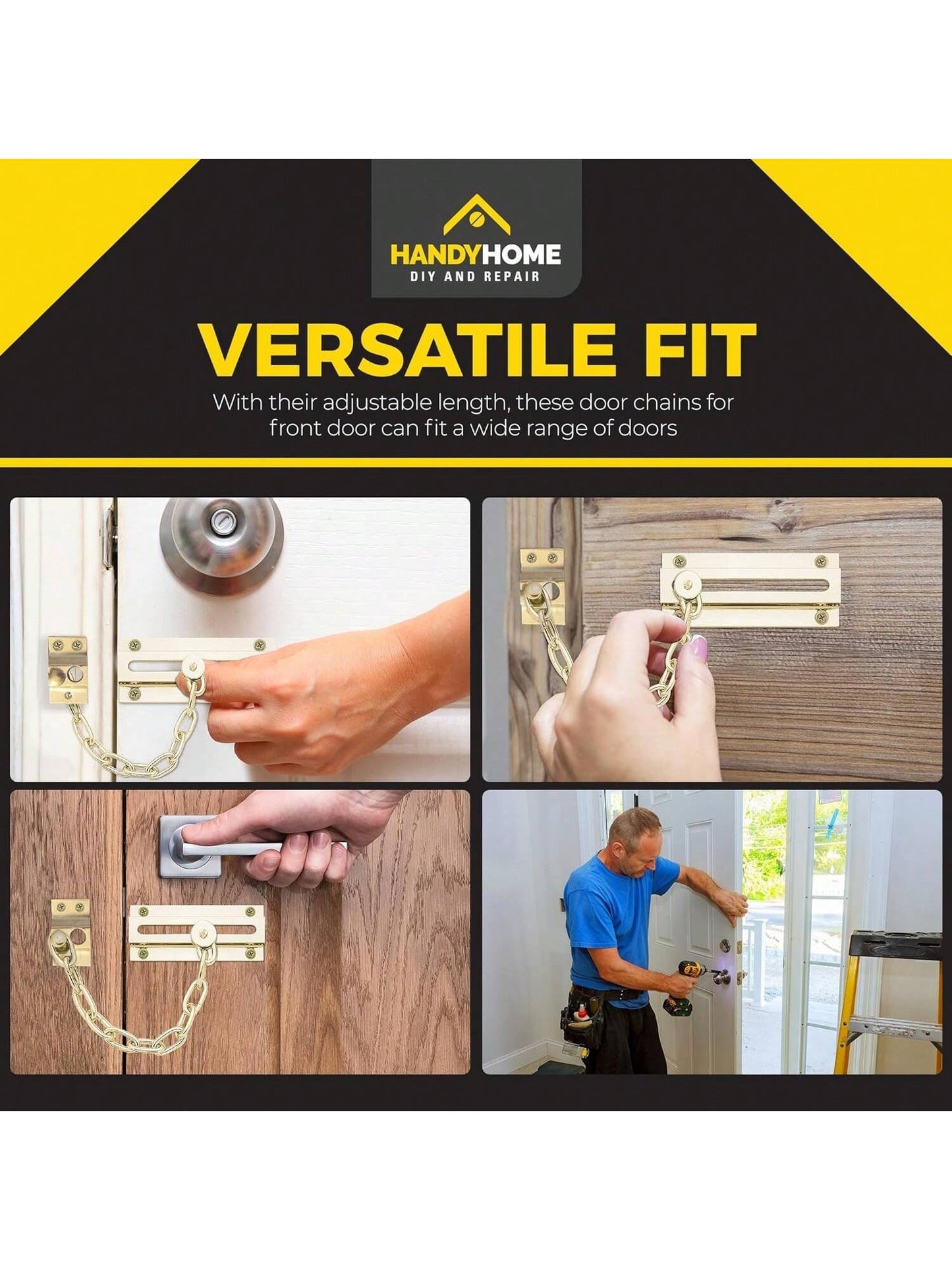 SOL 2pk Brass Door Chain Kit – Restrictor For Front Door – Heavy-Duty Door Safety Chain Lock For Home Security, Added Protection, Peace Of Mind, Durable Metal Construction, And Easy Installation