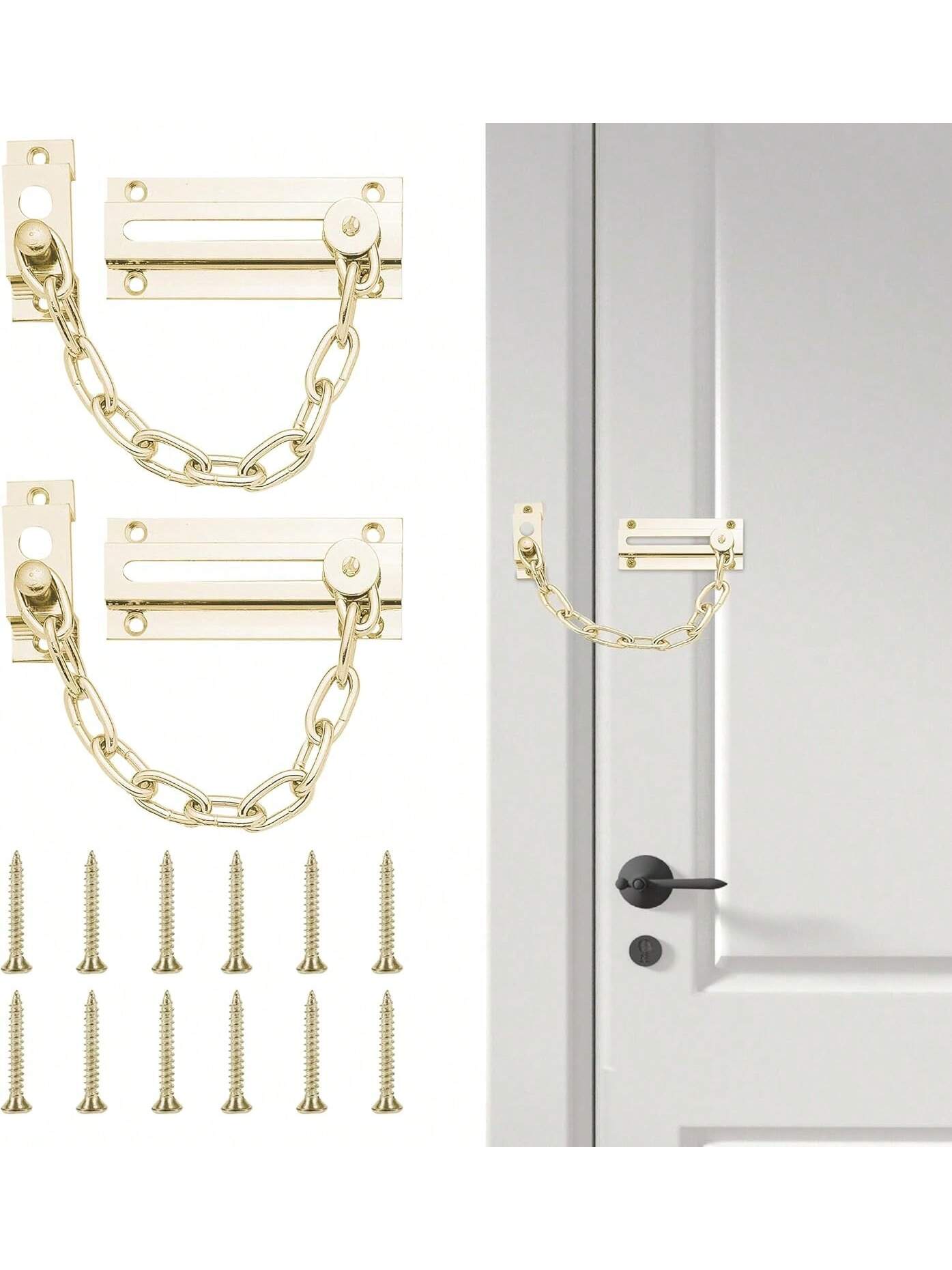 SOL 2pk Brass Door Chain Kit – Restrictor For Front Door – Heavy-Duty Door Safety Chain Lock For Home Security, Added Protection, Peace Of Mind, Durable Metal Construction, And Easy Installation