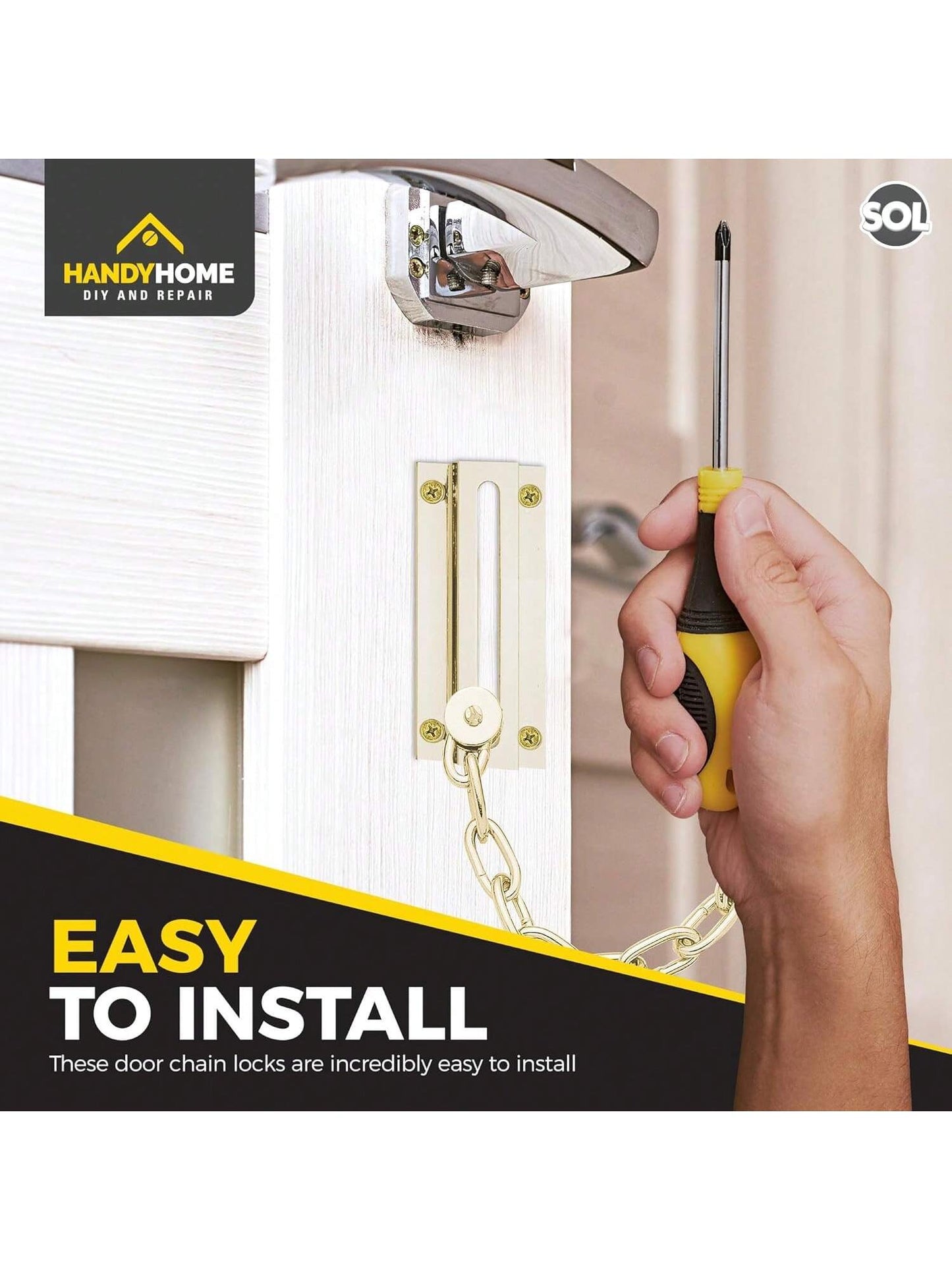 SOL 2pk Brass Door Chain Kit – Restrictor For Front Door – Heavy-Duty Door Safety Chain Lock For Home Security, Added Protection, Peace Of Mind, Durable Metal Construction, And Easy Installation