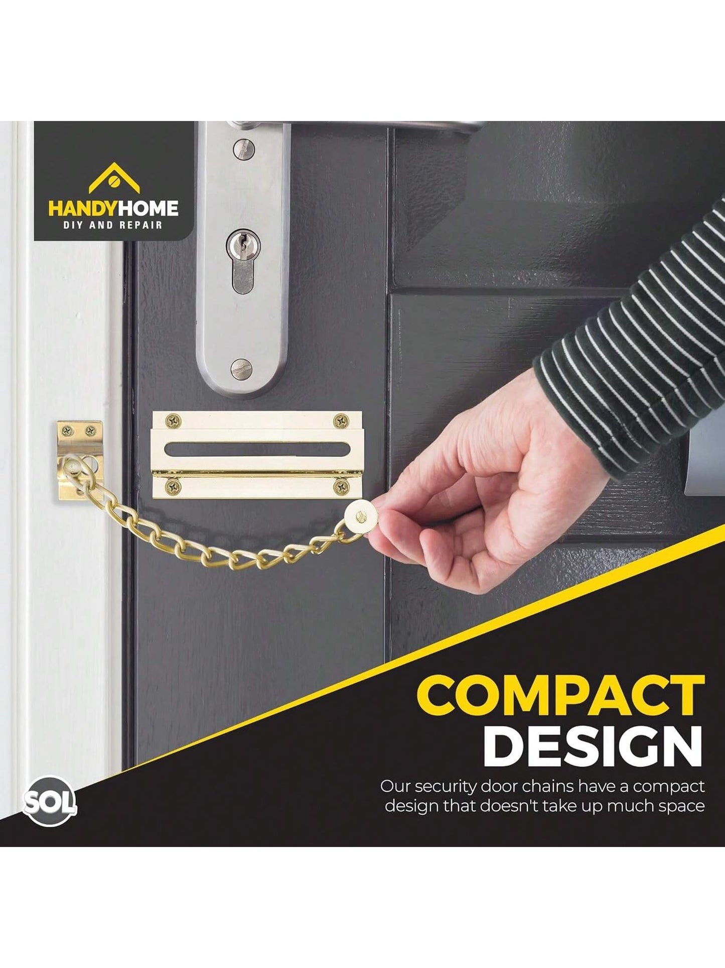 SOL 2pk Brass Door Chain Kit – Restrictor For Front Door – Heavy-Duty Door Safety Chain Lock For Home Security, Added Protection, Peace Of Mind, Durable Metal Construction, And Easy Installation
