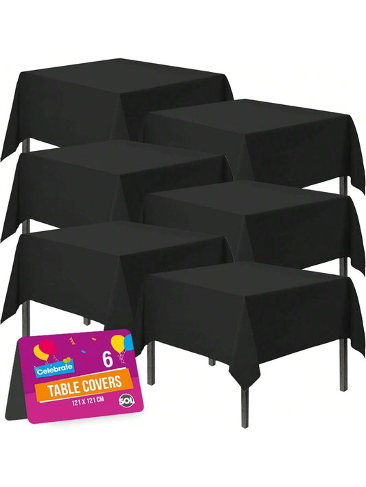 SOL 6pk Black Table Cloth Party 121x121cm Disposable Plastic Cover. Heavy Duty Spill Protection: Opaque Design For Halloween, Graduation, Birthdays, Weddings, Buffets Catering & Charity Events.