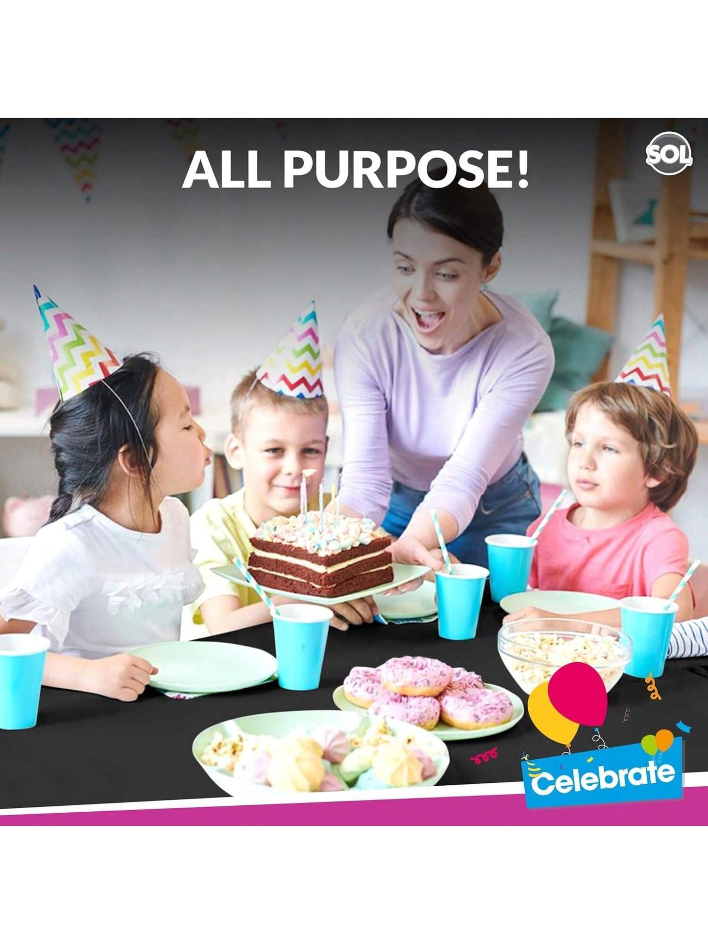 SOL 6pk Black Table Cloth Party 121x121cm Disposable Plastic Cover. Heavy Duty Spill Protection: Opaque Design For Halloween, Graduation, Birthdays, Weddings, Buffets Catering & Charity Events.