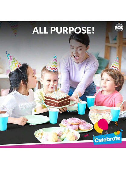 SOL 6pk Black Table Cloth Party 121x121cm Disposable Plastic Cover. Heavy Duty Spill Protection: Opaque Design For Halloween, Graduation, Birthdays, Weddings, Buffets Catering & Charity Events.