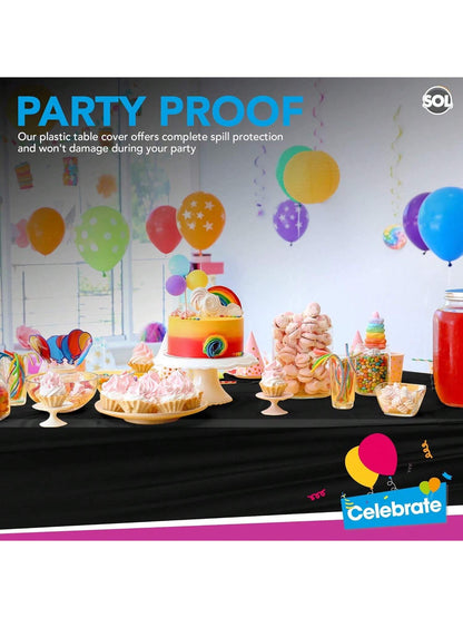 SOL 6pk Black Table Cloth Party 121x121cm Disposable Plastic Cover. Heavy Duty Spill Protection: Opaque Design For Halloween, Graduation, Birthdays, Weddings, Buffets Catering & Charity Events.