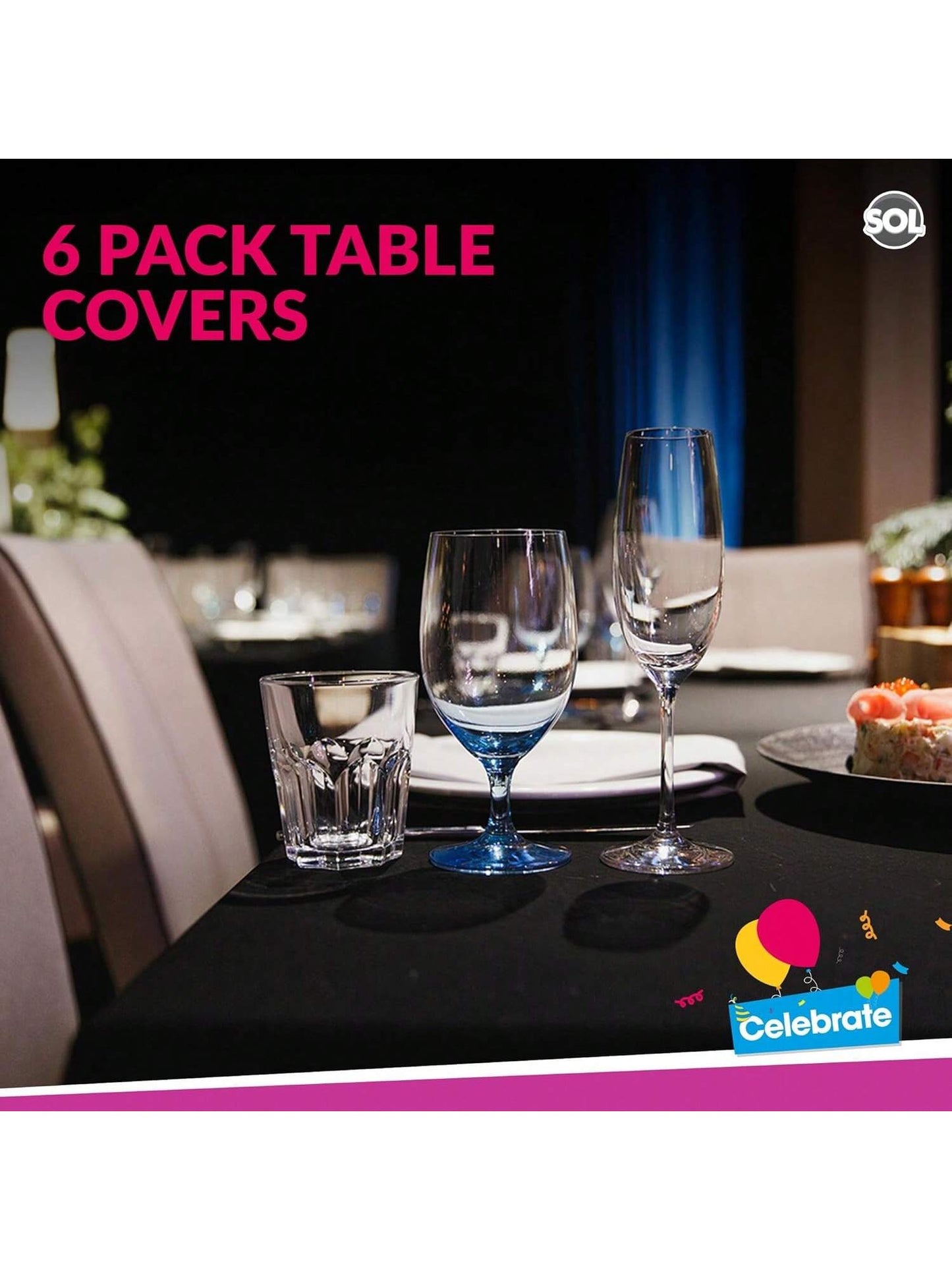 SOL 6pk Black Table Cloth Party 121x121cm Disposable Plastic Cover. Heavy Duty Spill Protection: Opaque Design For Halloween, Graduation, Birthdays, Weddings, Buffets Catering & Charity Events.