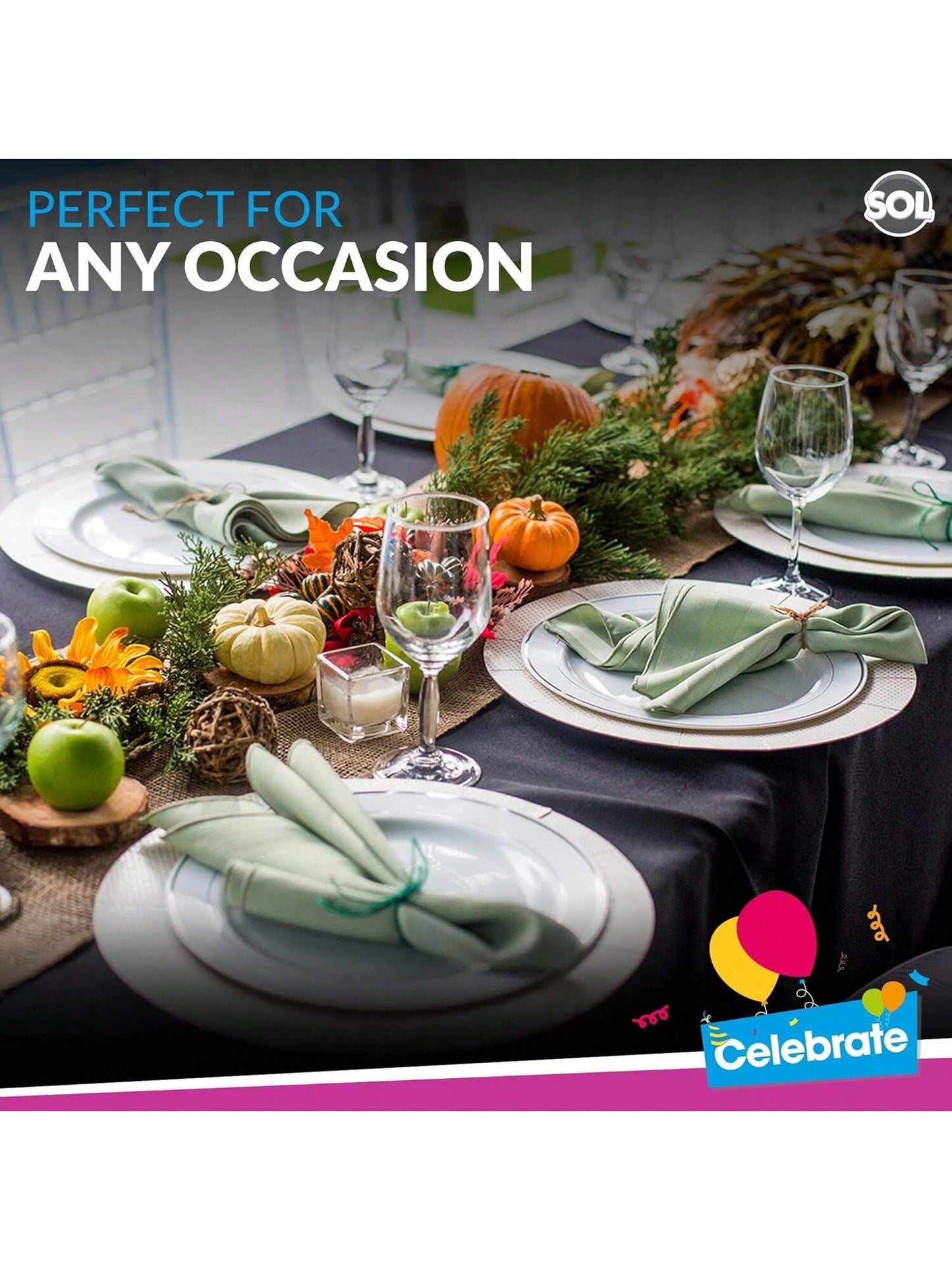 SOL 6pk Black Table Cloth Party 121x121cm Disposable Plastic Cover. Heavy Duty Spill Protection: Opaque Design For Halloween, Graduation, Birthdays, Weddings, Buffets Catering & Charity Events.