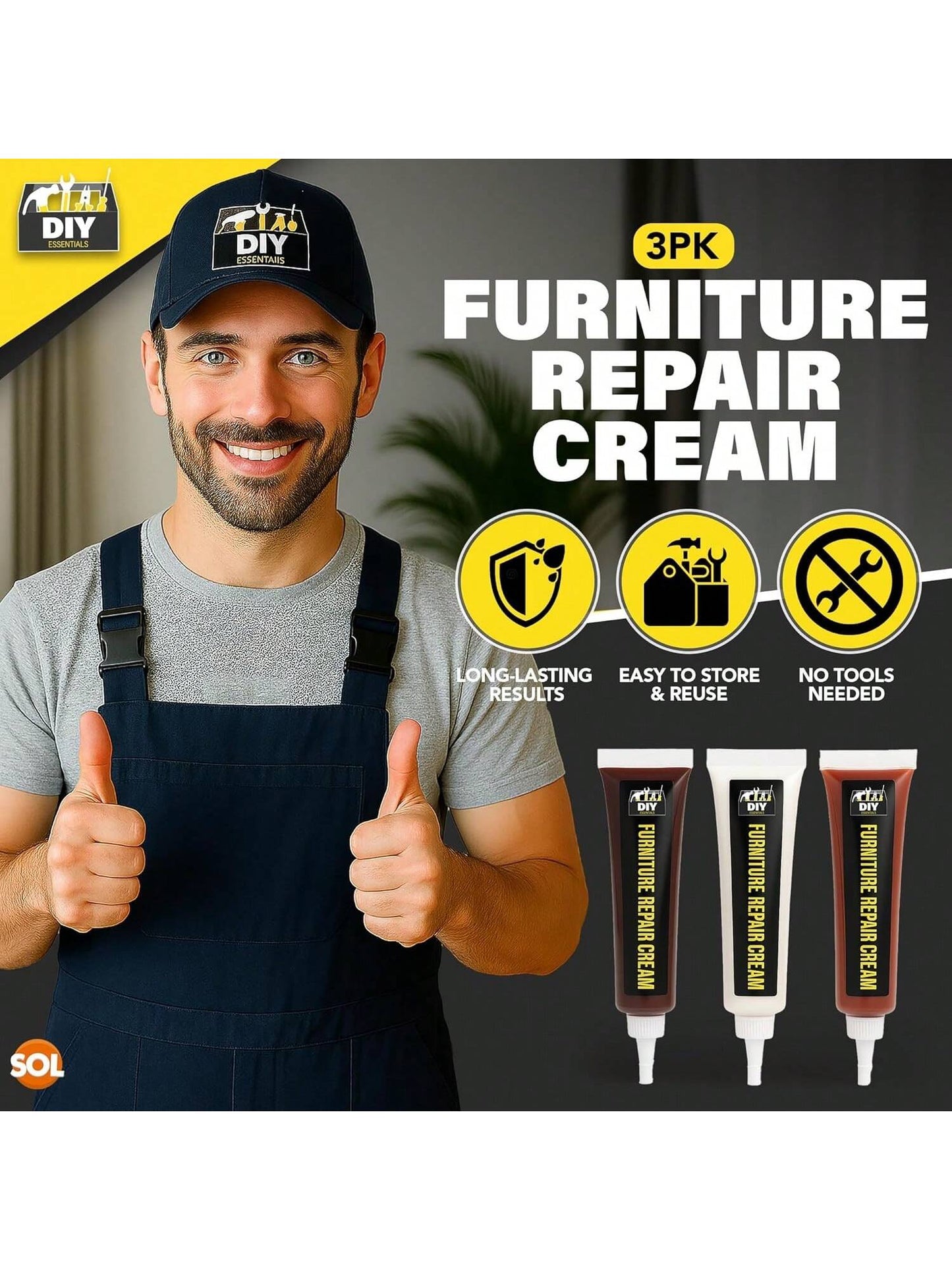 SOL 60g Furniture Repair Cream – 3pk 20g White, Sapele And Cedar Colour Wood Scratch Remover For Tables, Cabinets And Flooring – Surface Restorer For Marks, Scuffs And Wood Touch-Ups In Home Or Office