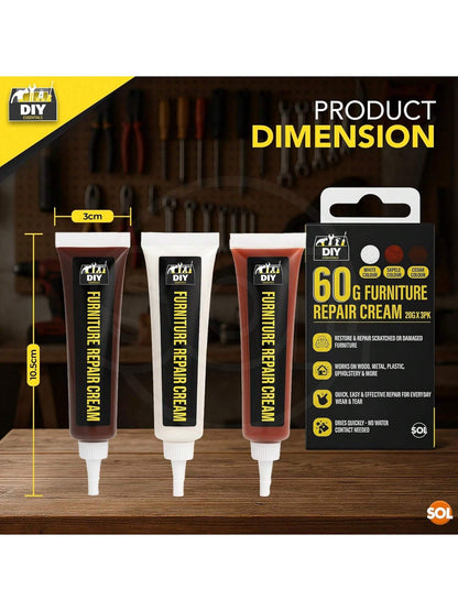 SOL 60g Furniture Repair Cream – 3pk 20g White, Sapele And Cedar Colour Wood Scratch Remover For Tables, Cabinets And Flooring – Surface Restorer For Marks, Scuffs And Wood Touch-Ups In Home Or Office