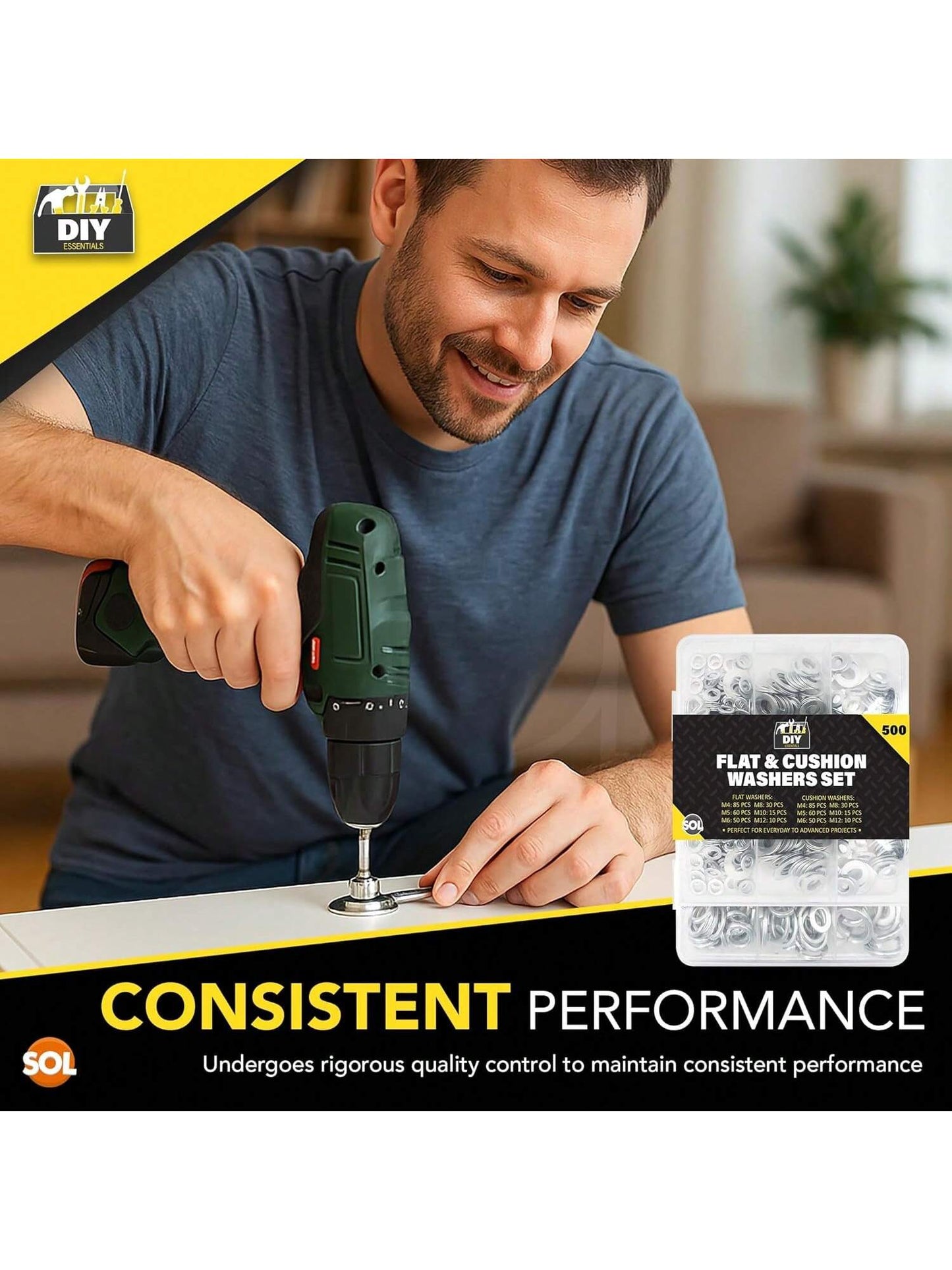 SOL 500pk Flat & Cushion Washers Set – Includes M4, M5, M6, M8, M10, M12 – Stainless Steel Spacers For Screws, Bolts, Nuts, DIY, Plumbing, Automotive, Machinery, Construction & Repair Projects