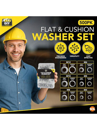 SOL 500pk Flat & Cushion Washers Set – Includes M4, M5, M6, M8, M10, M12 – Stainless Steel Spacers For Screws, Bolts, Nuts, DIY, Plumbing, Automotive, Machinery, Construction & Repair Projects