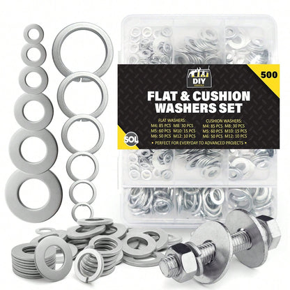 SOL 500pk Flat & Cushion Washers Set – Includes M4, M5, M6, M8, M10, M12 – Stainless Steel Spacers For Screws, Bolts, Nuts, DIY, Plumbing, Automotive, Machinery, Construction & Repair Projects