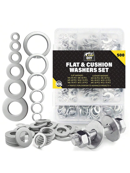 SOL 500pk Flat & Cushion Washers Set – Includes M4, M5, M6, M8, M10, M12 – Stainless Steel Spacers For Screws, Bolts, Nuts, DIY, Plumbing, Automotive, Machinery, Construction & Repair Projects