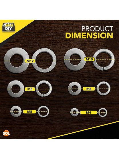 SOL 500pk Flat & Cushion Washers Set – Includes M4, M5, M6, M8, M10, M12 – Stainless Steel Spacers For Screws, Bolts, Nuts, DIY, Plumbing, Automotive, Machinery, Construction & Repair Projects