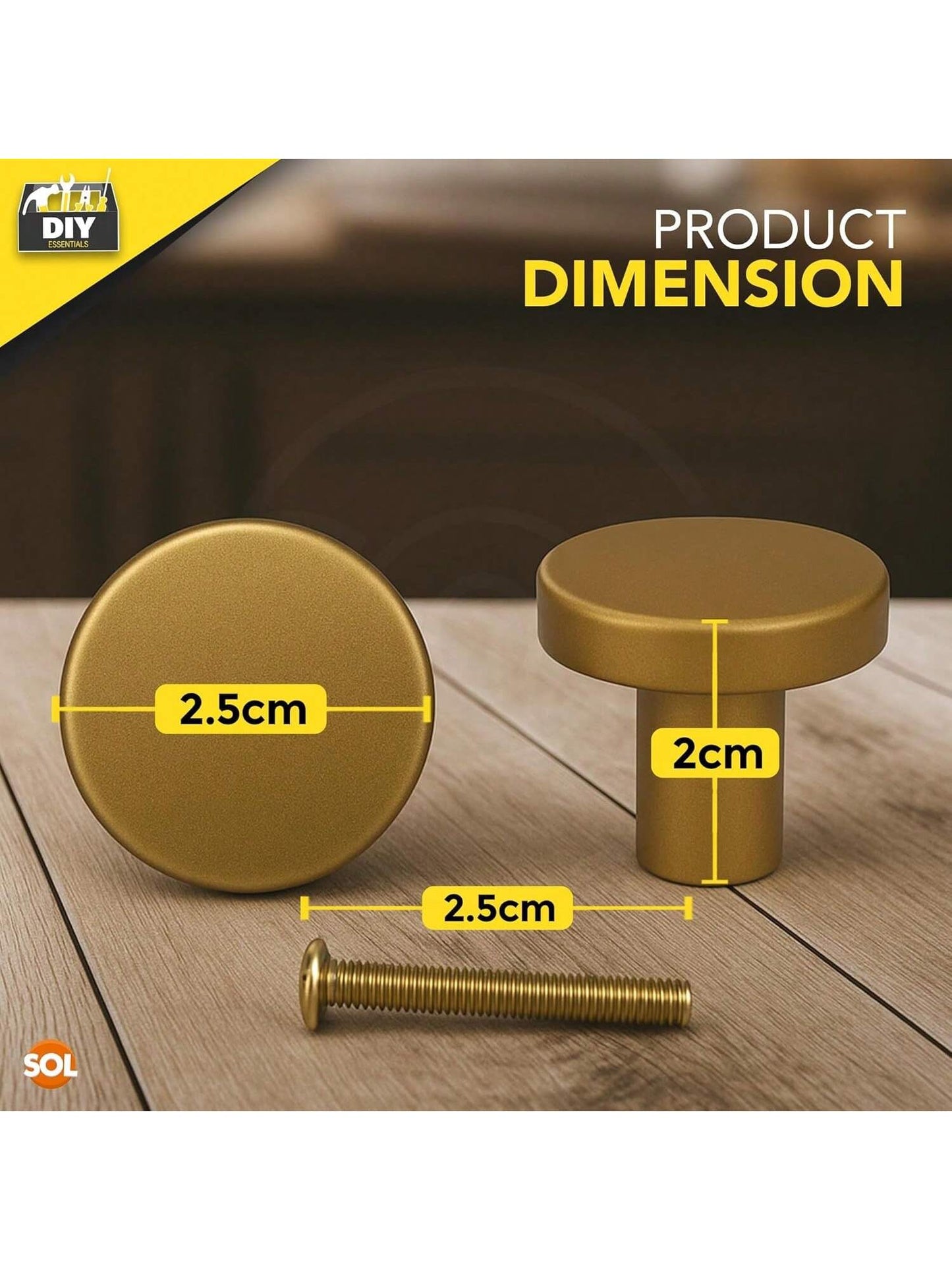 SOL 4pcs Gold Tone Brass Round Cabinet Knobs With Screws – Elegant Kitchen Cupboard Handles – Durable & Rust-Resistant Drawer Pulls – Classic Design For Wardrobes, Drawers & Furniture Restoration