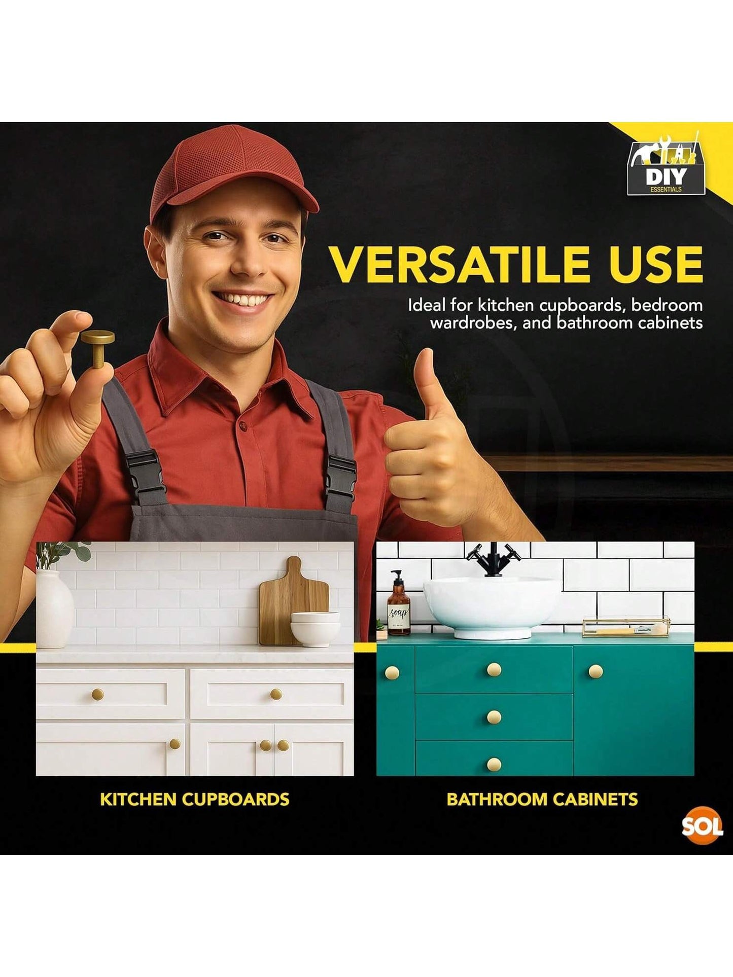 SOL 4pcs Gold Tone Brass Round Cabinet Knobs With Screws – Elegant Kitchen Cupboard Handles – Durable & Rust-Resistant Drawer Pulls – Classic Design For Wardrobes, Drawers & Furniture Restoration