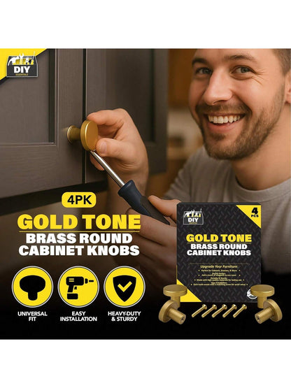 SOL 4pcs Gold Tone Brass Round Cabinet Knobs With Screws – Elegant Kitchen Cupboard Handles – Durable & Rust-Resistant Drawer Pulls – Classic Design For Wardrobes, Drawers & Furniture Restoration