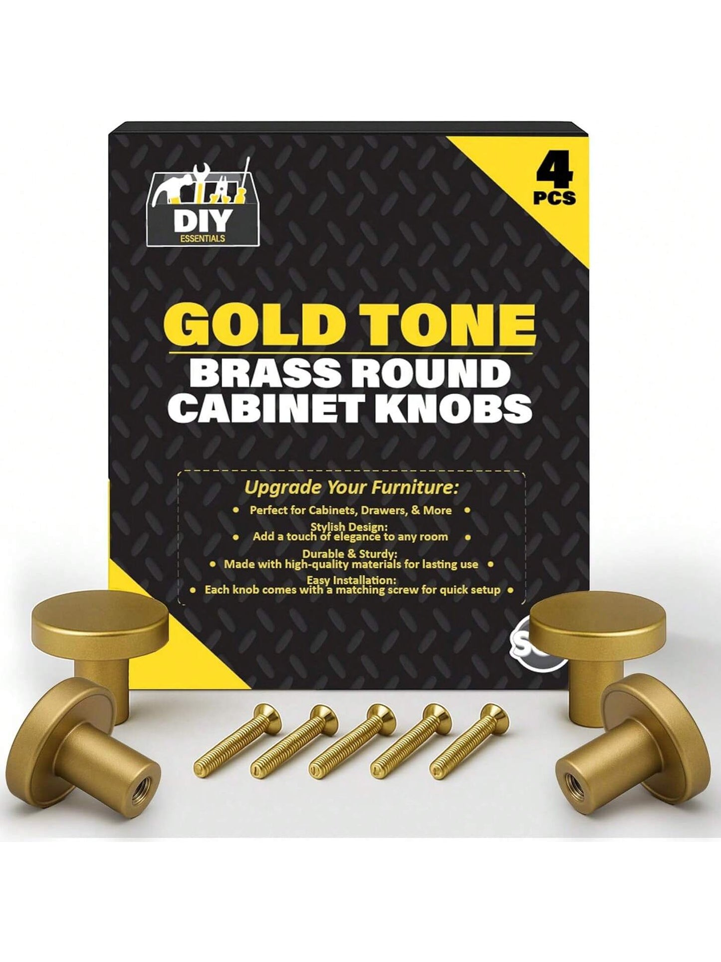 SOL 4pcs Gold Tone Brass Round Cabinet Knobs With Screws – Elegant Kitchen Cupboard Handles – Durable & Rust-Resistant Drawer Pulls – Classic Design For Wardrobes, Drawers & Furniture Restoration