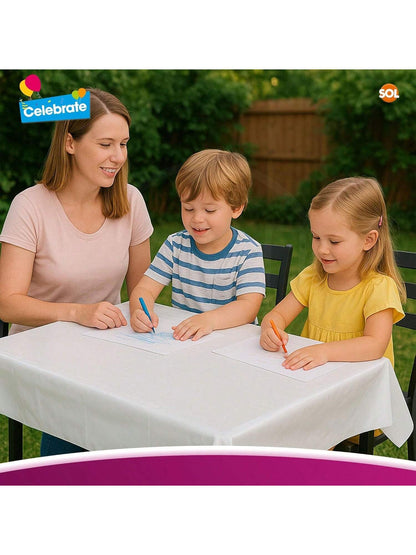 SOL 6pk White Table Cloth Party 121x121cm Plastic Cover Tablecloth Disposable For Parties - Heavy Duty Spill Protection - Opaque Design For Weddings, Buffets, Catering, Gender Reveals & Events