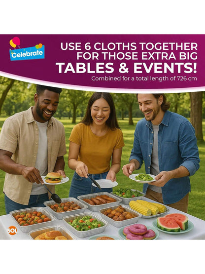 SOL 6pk White Table Cloth Party 121x121cm Plastic Cover Tablecloth Disposable For Parties - Heavy Duty Spill Protection - Opaque Design For Weddings, Buffets, Catering, Gender Reveals & Events