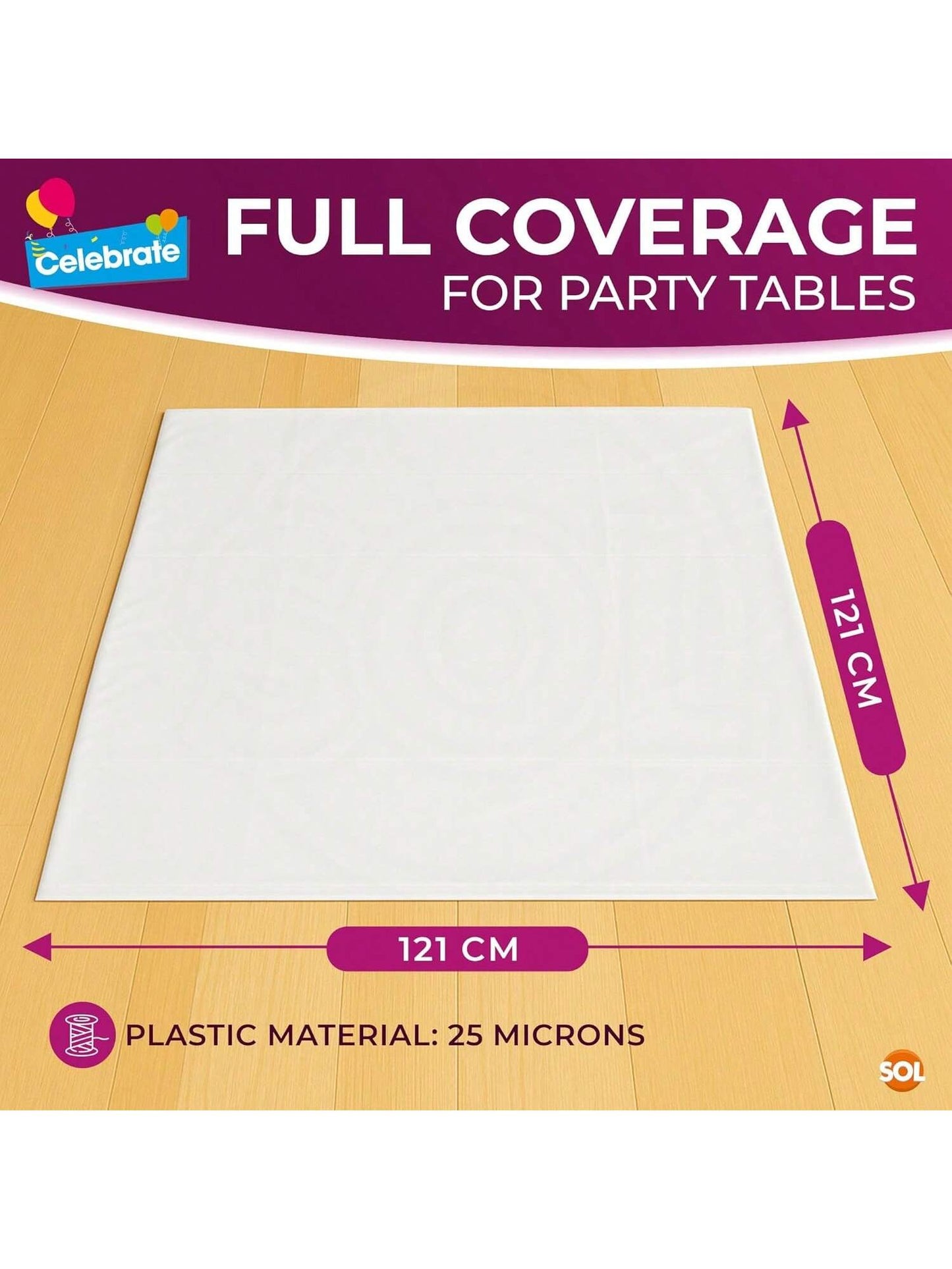 SOL 6pk White Table Cloth Party 121x121cm Plastic Cover Tablecloth Disposable For Parties - Heavy Duty Spill Protection - Opaque Design For Weddings, Buffets, Catering, Gender Reveals & Events