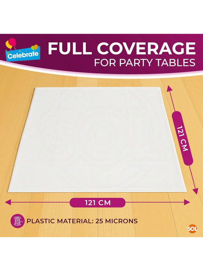 SOL 6pk White Table Cloth Party 121x121cm Plastic Cover Tablecloth Disposable For Parties - Heavy Duty Spill Protection - Opaque Design For Weddings, Buffets, Catering, Gender Reveals & Events