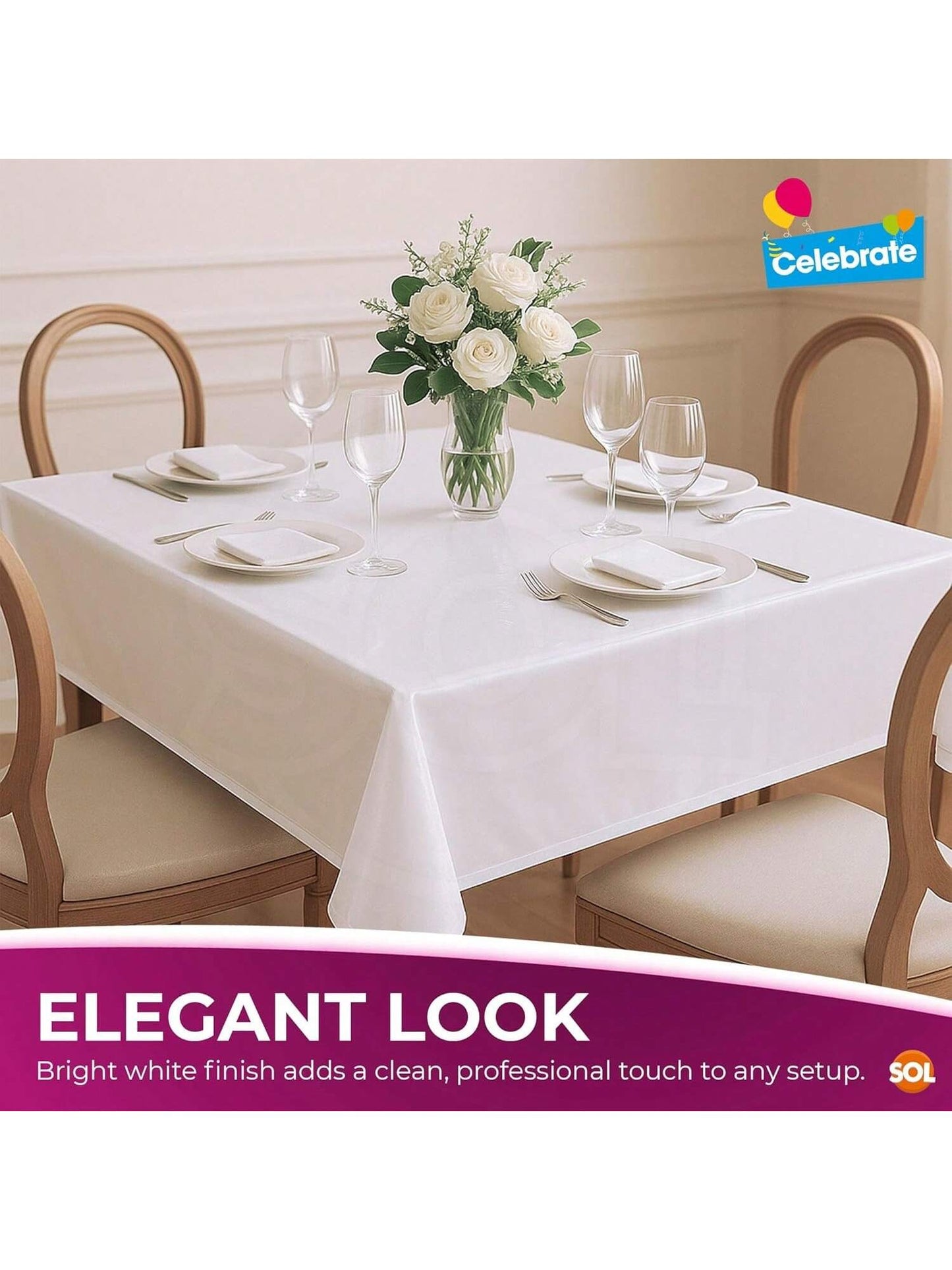 SOL 6pk White Table Cloth Party 121x121cm Plastic Cover Tablecloth Disposable For Parties - Heavy Duty Spill Protection - Opaque Design For Weddings, Buffets, Catering, Gender Reveals & Events