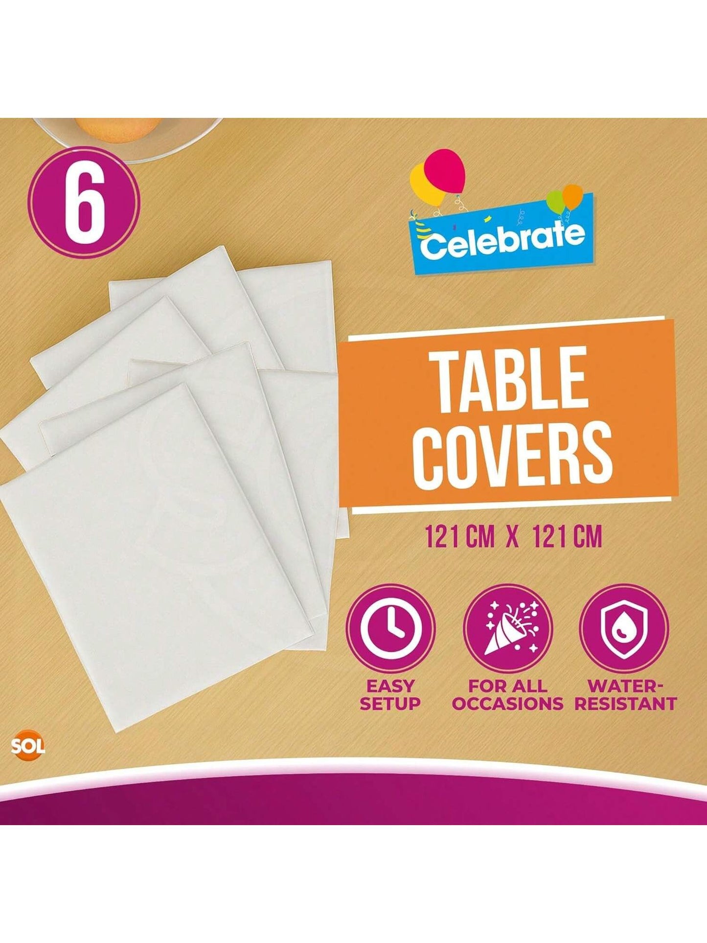 SOL 6pk White Table Cloth Party 121x121cm Plastic Cover Tablecloth Disposable For Parties - Heavy Duty Spill Protection - Opaque Design For Weddings, Buffets, Catering, Gender Reveals & Events
