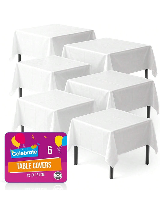 SOL 6pk White Table Cloth Party 121x121cm Plastic Cover Tablecloth Disposable For Parties - Heavy Duty Spill Protection - Opaque Design For Weddings, Buffets, Catering, Gender Reveals & Events