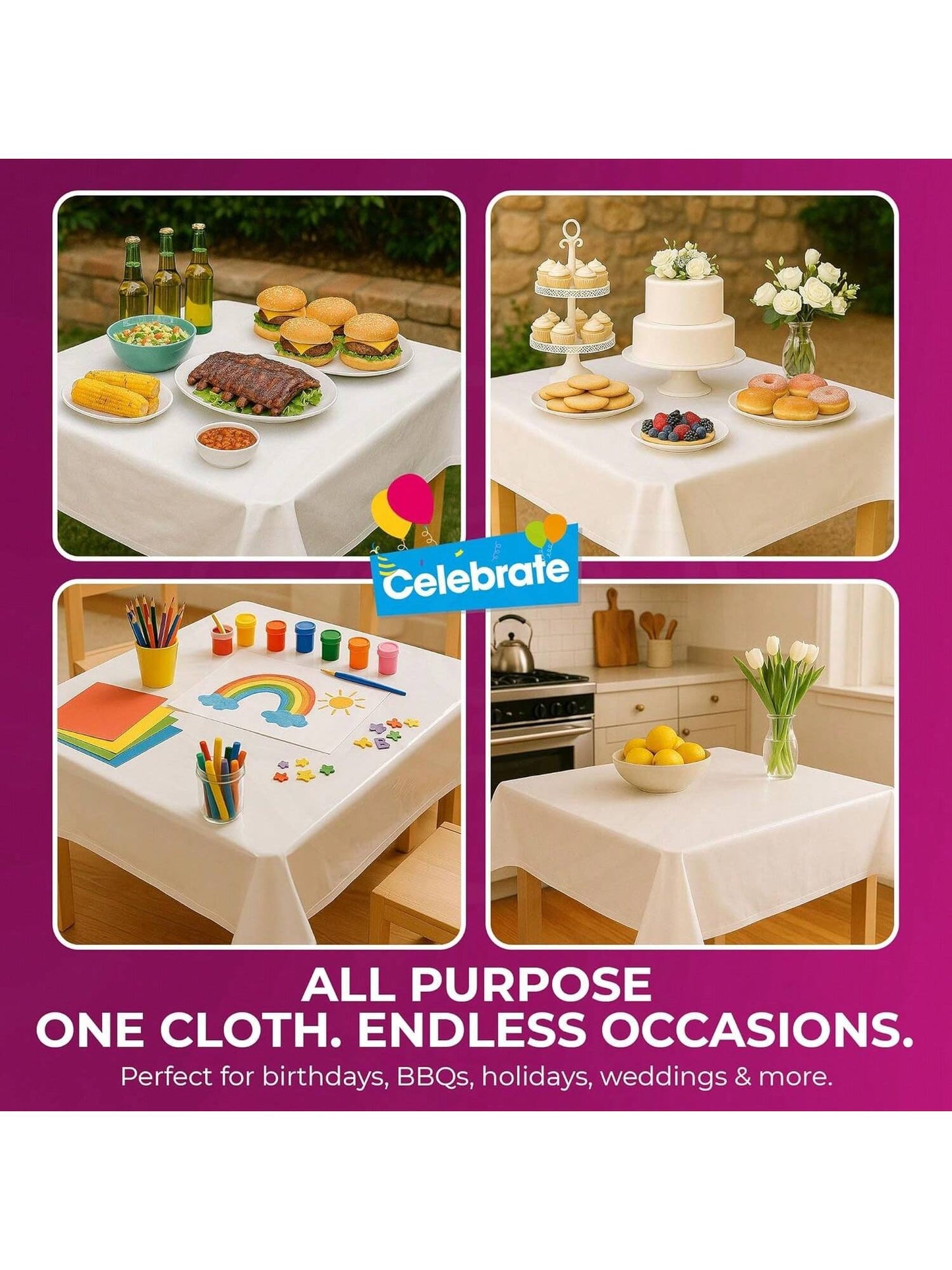 SOL 6pk White Table Cloth Party 121x121cm Plastic Cover Tablecloth Disposable For Parties - Heavy Duty Spill Protection - Opaque Design For Weddings, Buffets, Catering, Gender Reveals & Events