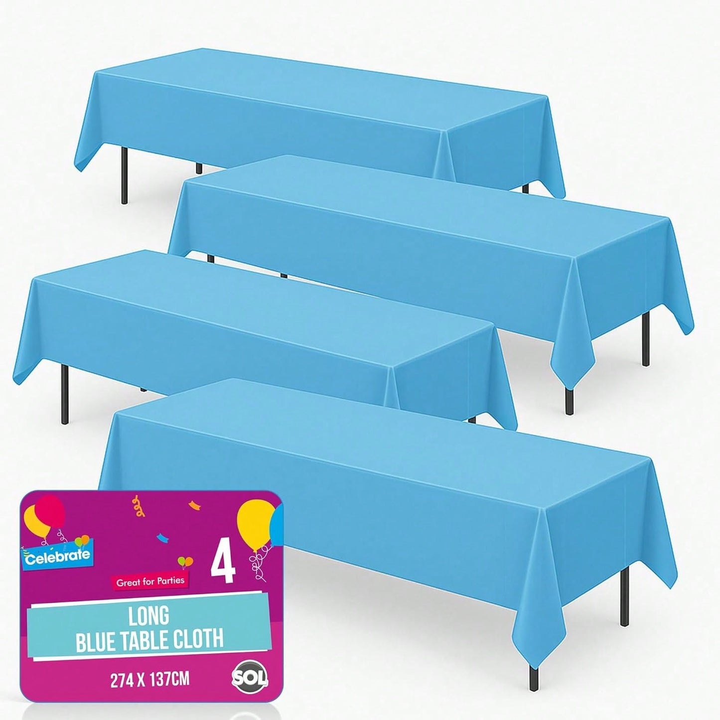 SOL 4pk Long Blue Table Cloth Party 274x137cm Plastic Cover Disposable Tablecloths For Parties - Spill Protection - Great For Weddings, Buffets, Catering, Restaurants, Outdoor Events & Celebrations